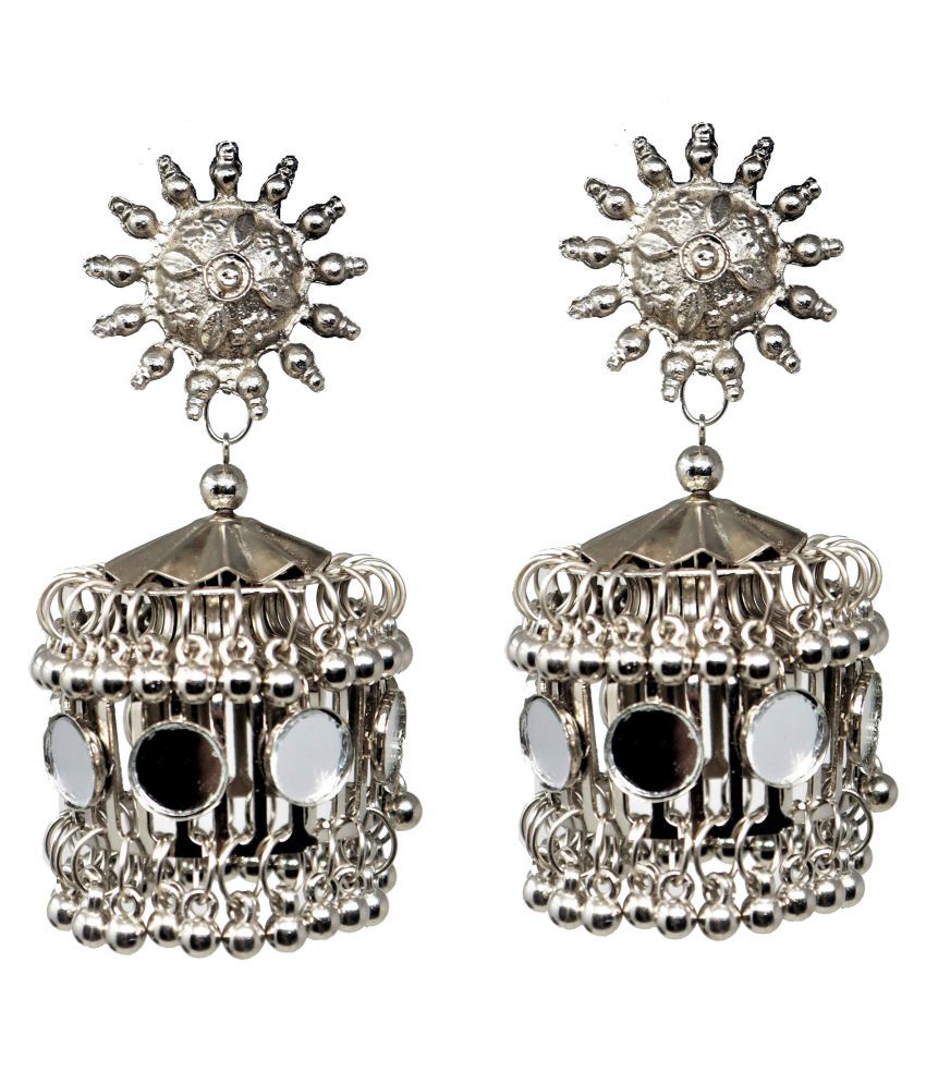     			Happy Stoning Oversized German Silver Mirror Designer Jhumka Jhumki Earrings