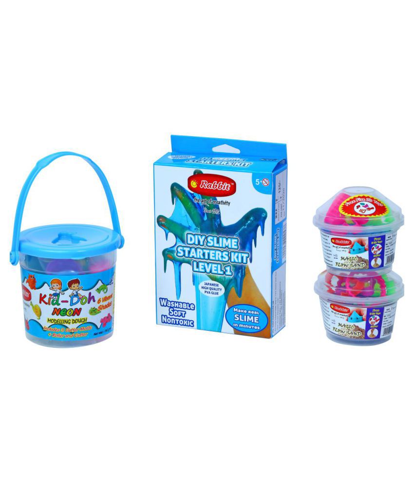 DIY Starters Slime Kit Level 1|+NEON Kid Doh Bucket|+Play Sand 2 colorful sand 100g|DIY Slime kit|DIY Kits|Play Doh for Kids|Jelly Slime|Sand for Kids|Kids Playing Sand |Play Dough|Kinetic Sand  with moulds|Make your own slime at home|Ideal For Age 5+|