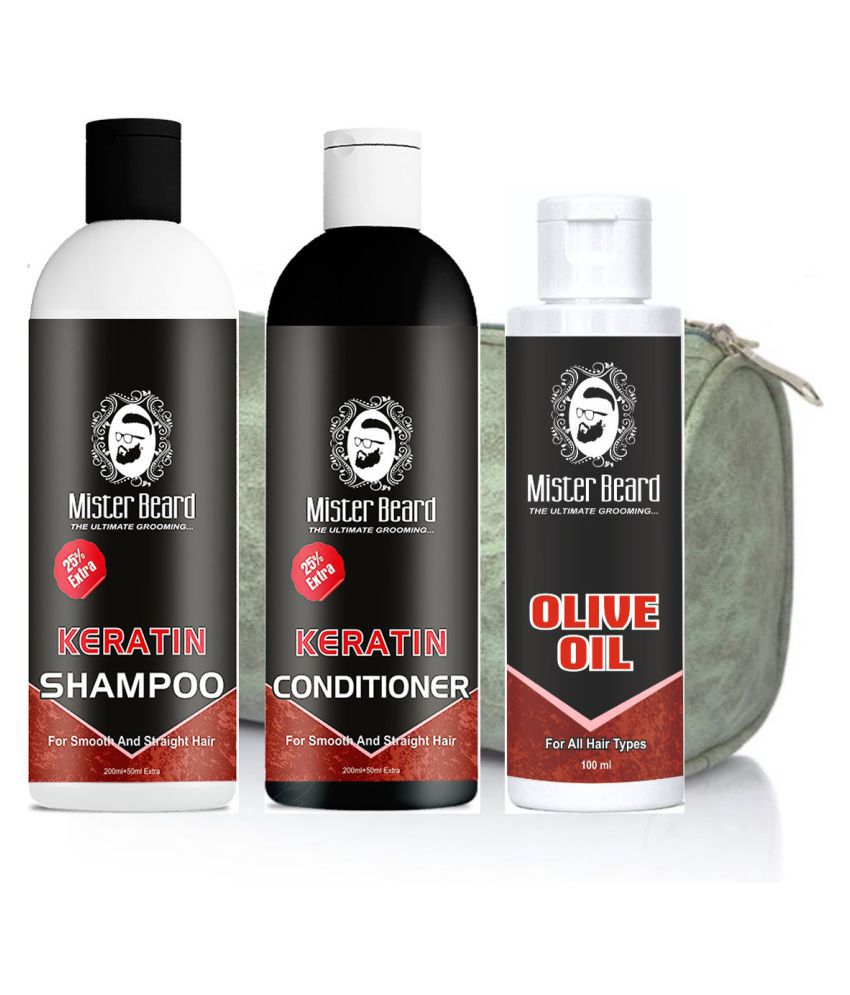 MISTER BEARD Keratin Shampoo, Cond, Free Bag And Olive Hair Oil 100 mL Pack of 3 Fliptop Plastic Jar