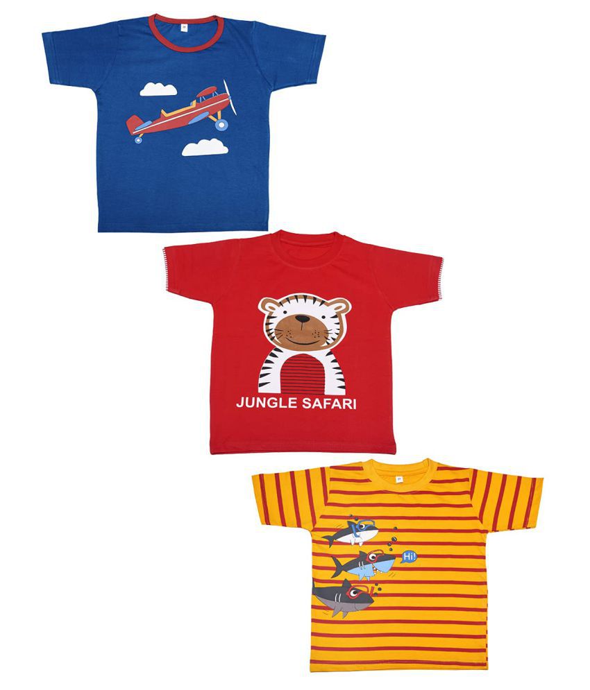 Babeezworld Boy's Round Neck Printed Pure Cotton Half Sleeve Tshirt (Multicolor, 3-4 Years) Pack Of 3