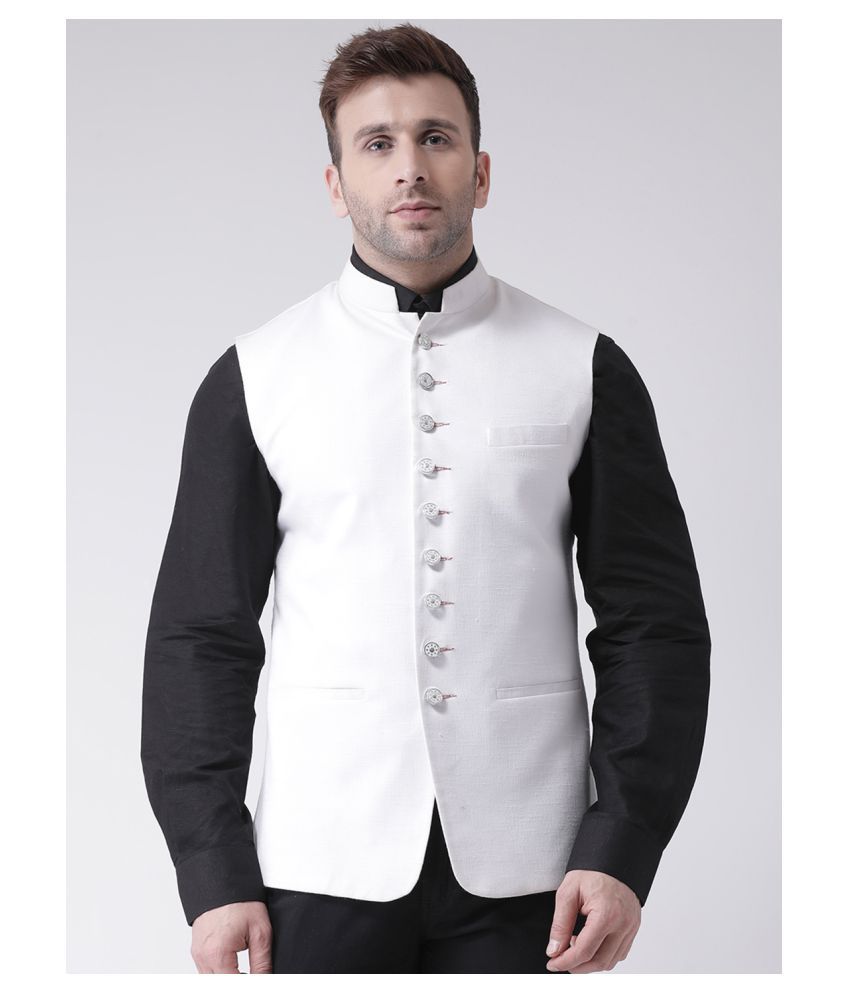     			Hangup White Cotton Blend Nehru Jacket