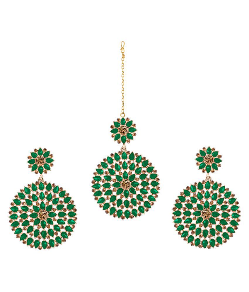     			Gold Plated Stone and Diamond Studded Maang Tikka with Dangler Earrings for Women and Girls (Dark Green)
