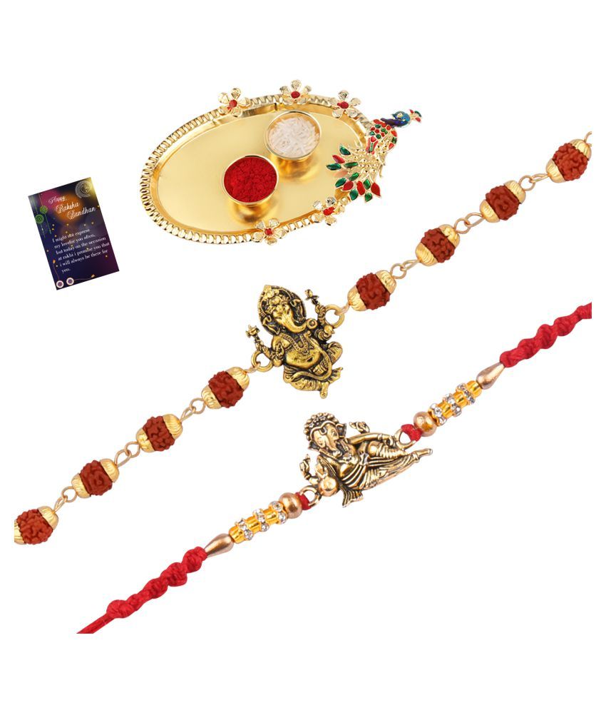     			Paola Rakhi  Rudraksh "Ganeshji" With Designer Ganeshji   Rakhi  For Bhaiya With Roli Chawal And Greeting Card 1 Kankawati Pooja Thali