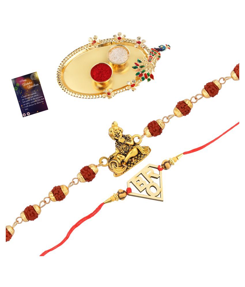     			Paola Rakhi  Rudraksh "Krishna" With  Stylish" BRO"   With Roli Chawal And  Greeting Card 1 Kankawati Pooja Thali