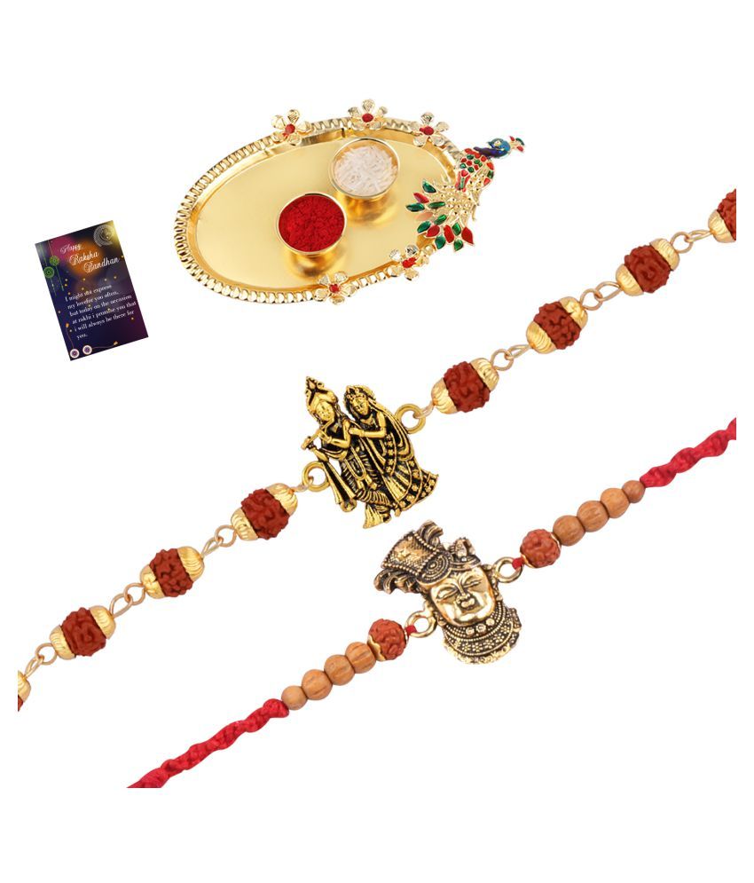     			Paola Rakhi Rudraksh "Radha Krishna" With  Stylish Classic  Look  Rakhi With Roli Chawal And  Greeting Card 1 Kankawati Pooja Thali