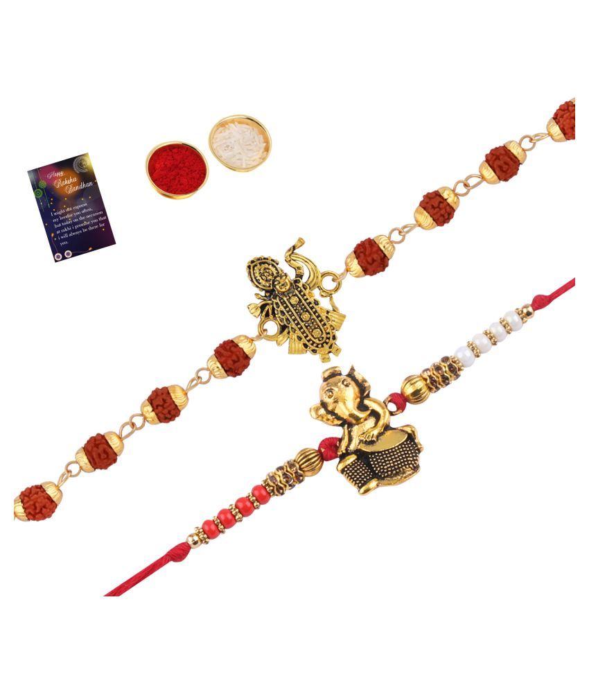     			Paola Rakhi  Rudraksh "Shreenathji "  With Classic "GANESH JI" Rakhi  For Bhaiya With Roli Chawal And Greeting Card