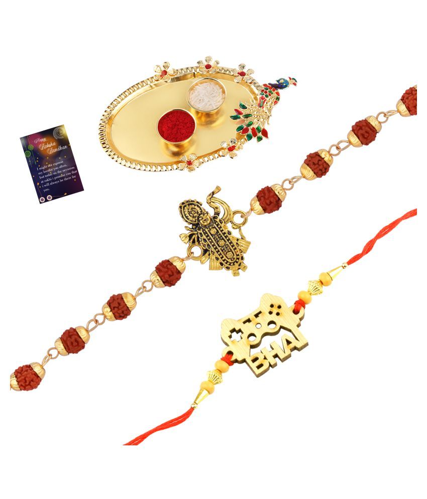     			Paola Rakhi  Rudraksh "Shreenathji "With   Elegant" BHAI" Designe  With Roli Chawal And  Greeting Card 1 Kankawati Pooja Thali