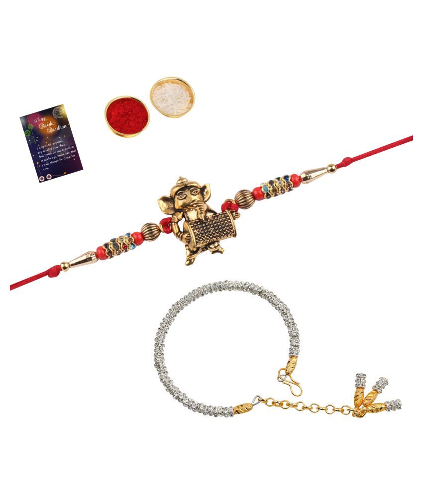     			Paola  Stylish Classic  Look "GANESH JI" Pendant   Rakhi  With Bhabhi Rakhi kada With Roli Chawal And  Greeting Card