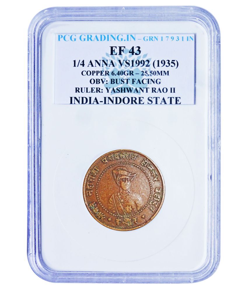     			Pcg Graded 1/4 Anna VS1992 (1935) Obv: Bust Facing Ruler: Yashwant Rao II India-Indore State Copper Coin