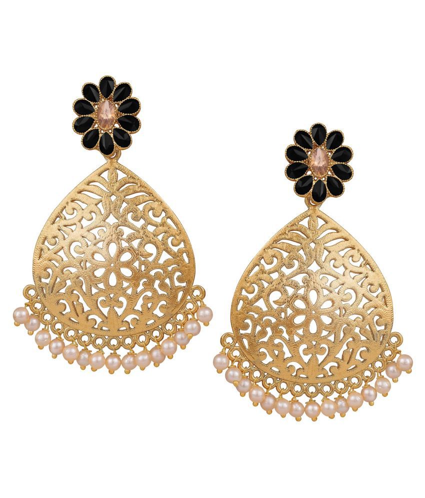     			Stylish Golden Plated Polki Stone Studded In Flower with Drop Dangler White Pearl Earring.