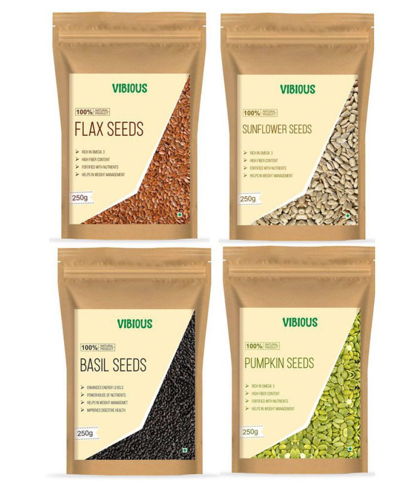     			VIBIOUS Weight loss Premium Quality Combo pack of 4 Edible Raw Seeds of Pumpkin, Basil ,Flax & Sunflower 1000gms (250g eachX4)
