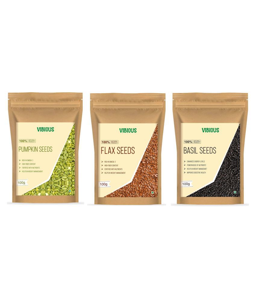     			VIBIOUS Premium Grade Combo pack of 3 Edible Raw Seeds of Pumpkin, Basil & Flax 300g(100gX3)