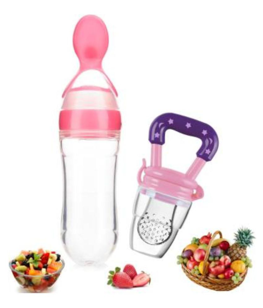 CHILD CHIC Baby safe Silicone squeeze Fresh Food Feeder Bottle with Food Dispensing Spoon and fruit feeder nibbler/pacifier combo pack