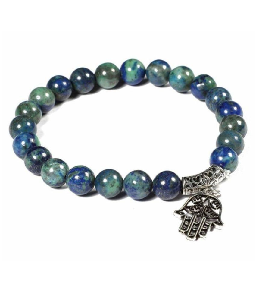     			8mm Green and Blue Azurite with Humsa Natural Agate Stone Bracelet