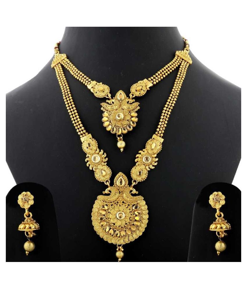     			Silver Shine Alloy Yellow Traditional Necklaces Set Long Haram