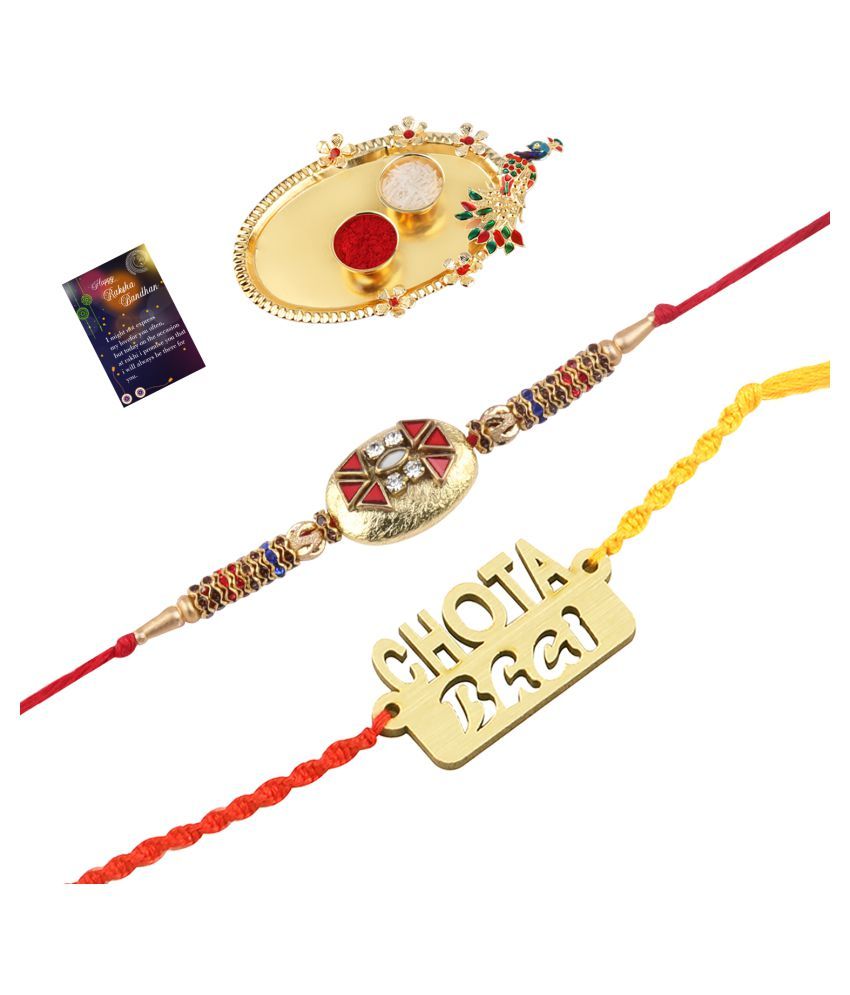     			Paola Exclusive Bhaiya Rakhi " CHOTA BHAI" Designer Pendent With  Designer Look Rakhi Combo  For Bhaiya With Roli Chawal And  Greeting Card 1 Kankawati Pooja Thali