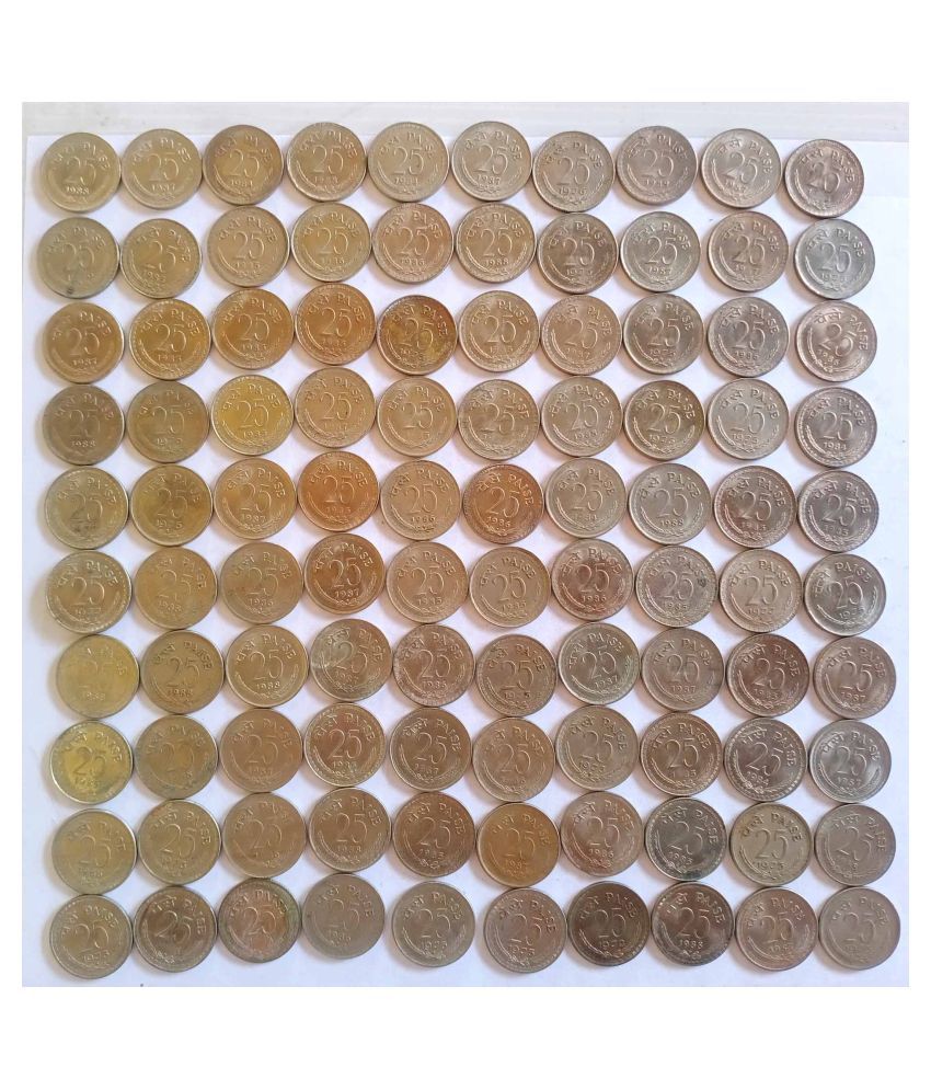     			100 COINS LOT - UNC NEW CONDITION - 25 Paise 1985 1986 1987 1988  Copper-nickel • 2.5 g • ⌀ 19 mm KM# 49 - INDIA