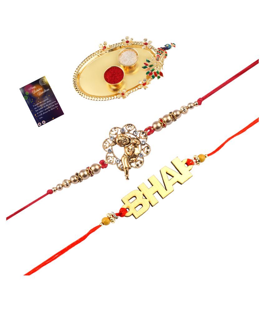     			Paola Elegant  Bhaiya Rakhi " BHAI" Designe With  Designer Look"BAL GOPAL"Rakhi Combo  For Bhaiya With Roli Chawal And  Greeting Card 1 Kankawati Pooja Thali