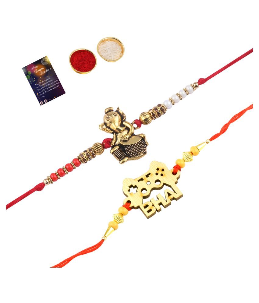     			Paola  Elegant  Bhaiya Rakhi " BHAI" Designe With  Designer Look "GANESH JI"Rakhi Combo  For Bhaiya With Roli Chawal And  Greeting Card