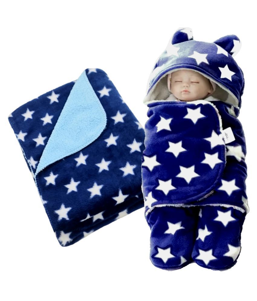 Brandonn Blue Poly Cotton Baby Blanket ( 100 cm × 75 cm- 2 pcs)