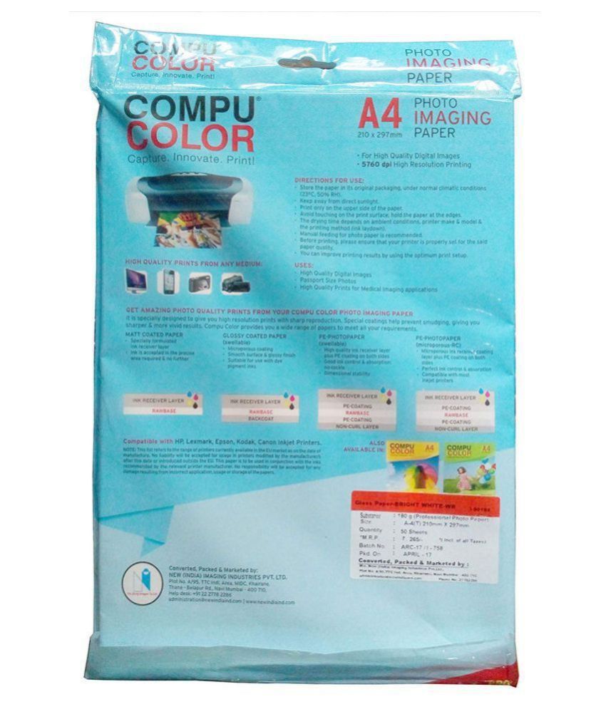 Compu Color A4 Inkjet Glossy 150 GSM Photo Paper - 20 Sheets (Pack of 1 ...