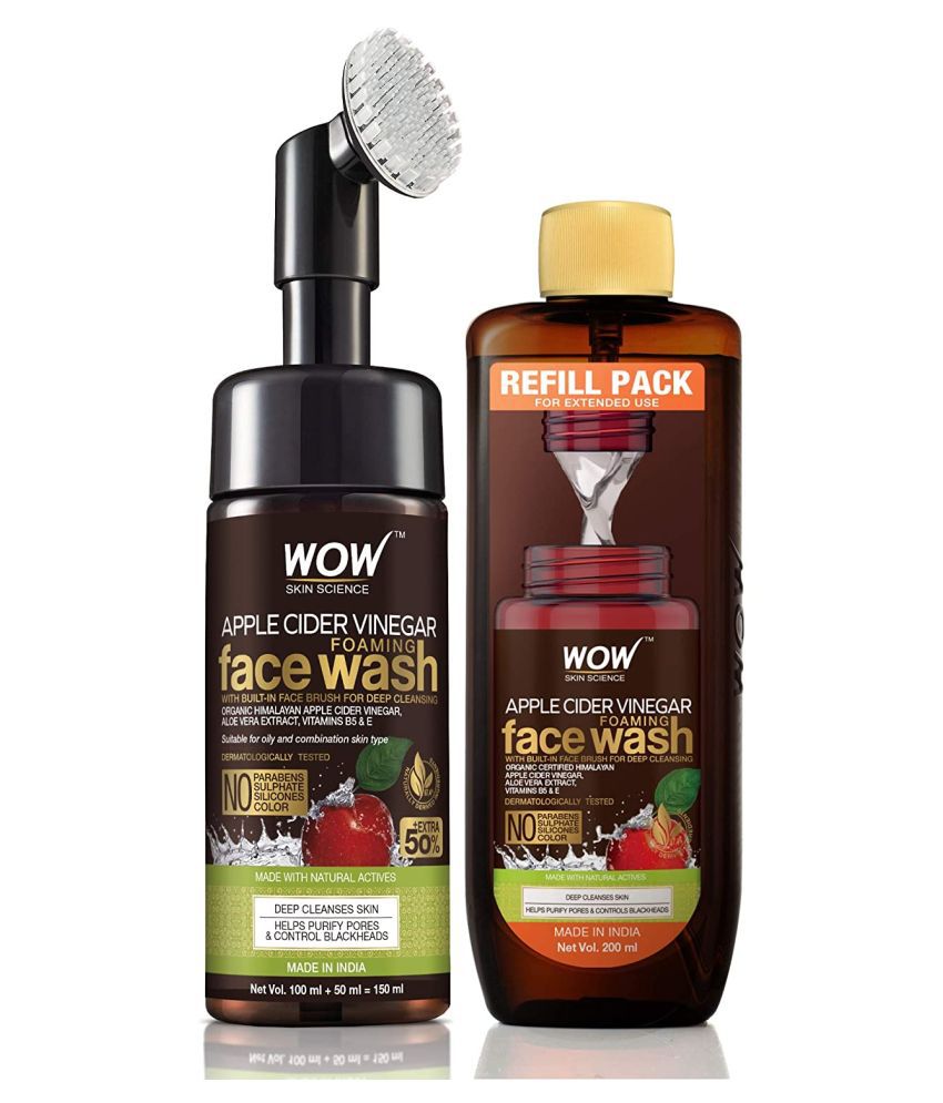     			WOW Skin Science Apple Cider Vinegar Foaming Face Wash Save Earth Combo Pack- Consist of Foaming Face Wash with Built-In Brush & Refill Pack - No Parabens, Sulphate, Silicones & Color - Net Vol. 350mL