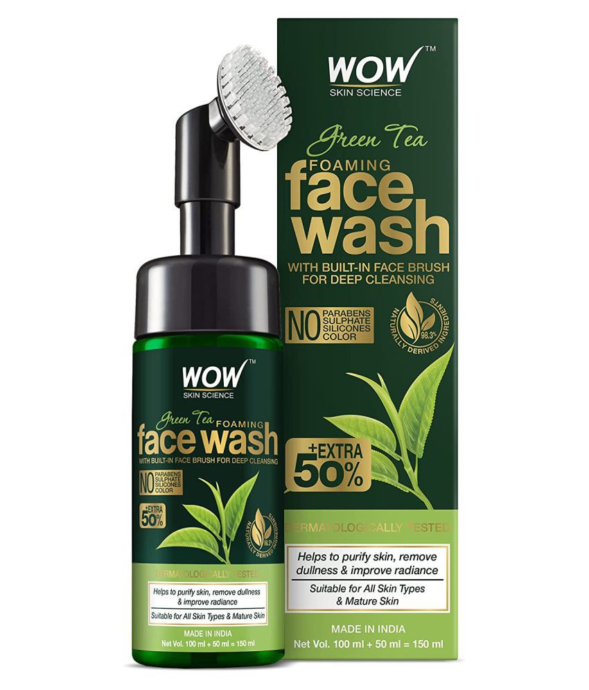     			WOW Skin Science Green Tea Foaming Face Wash with Built-In Face Brush - With Green Tea & Aloe Vera Extract - For Purifying Skin, Improving Radiance - No Parabens, Sulphate, Silicones & Color - 100 ml