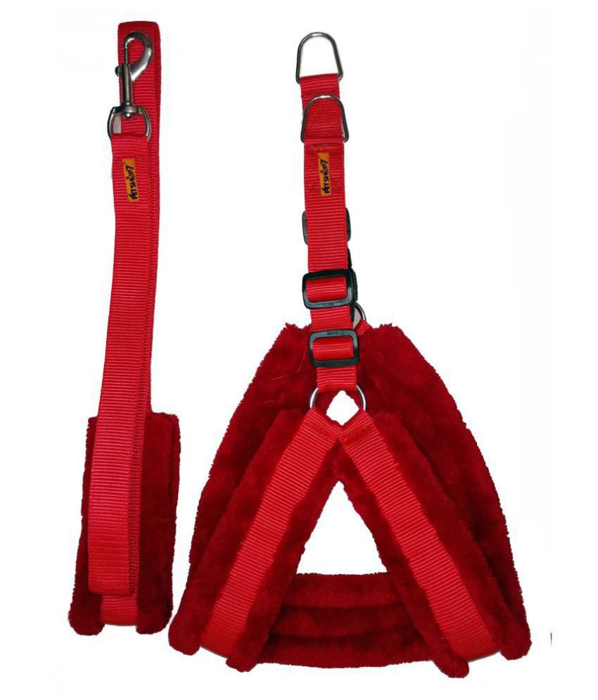     			Petshop7 Premium Qualtiy Fur Padded Nylon Dog Harness & Leash 1 inch -Medium (Chest Size - 27-32inch)-Red