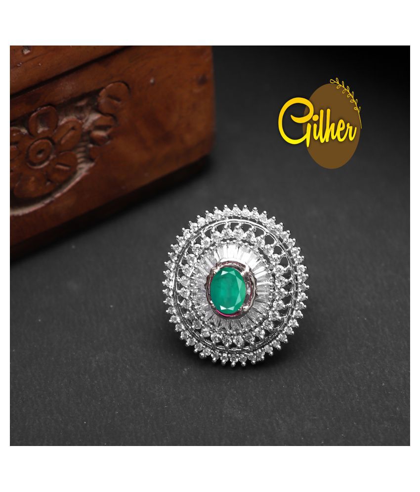     			Gilher fashion Silver Plated American Diamond Green  Stone Cocktail Ring With Adjustable Size For Women And Girls.