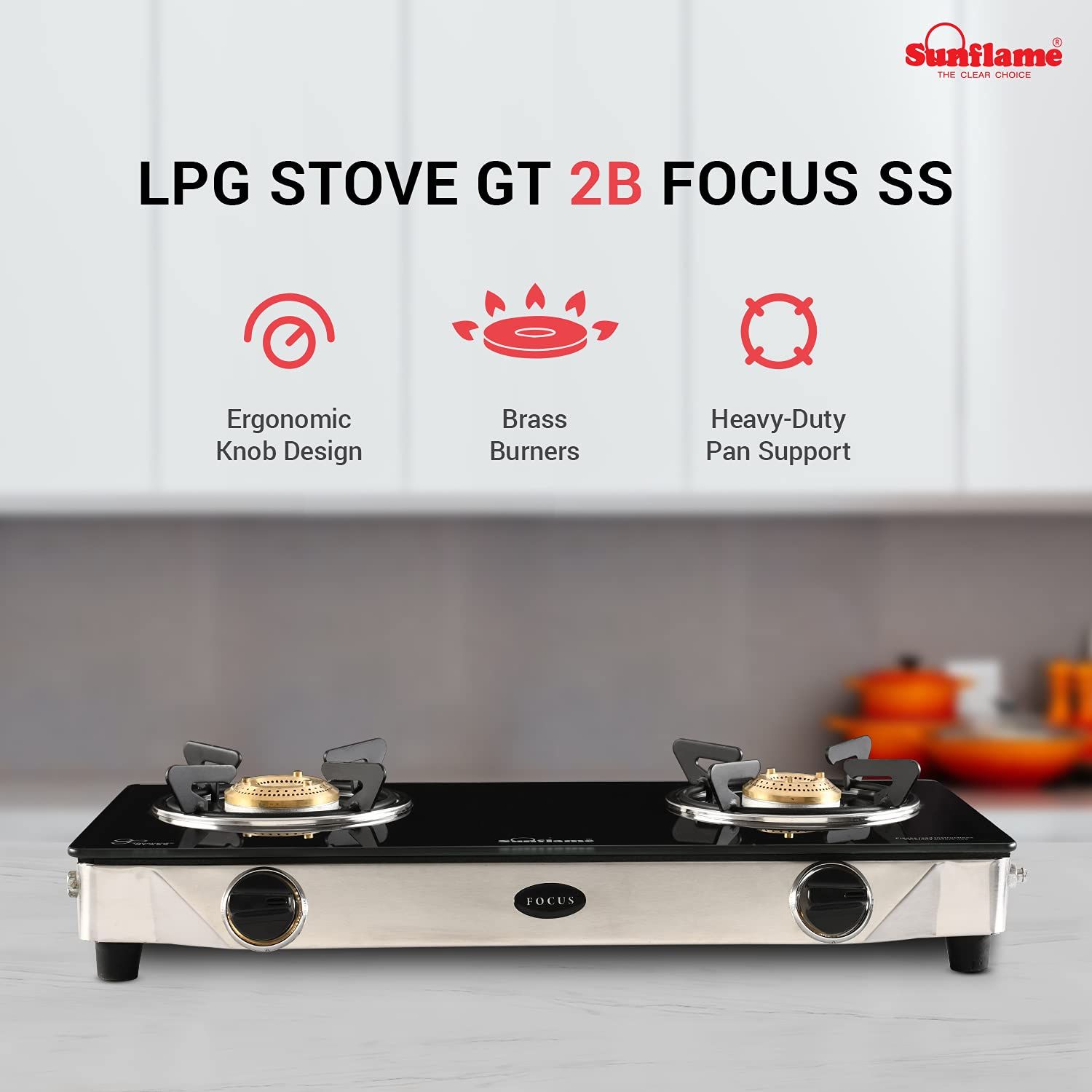 SUNFLAME GT 2B FOCUS SS Stainless Steel Burner LPG Gas Stove, Silver
