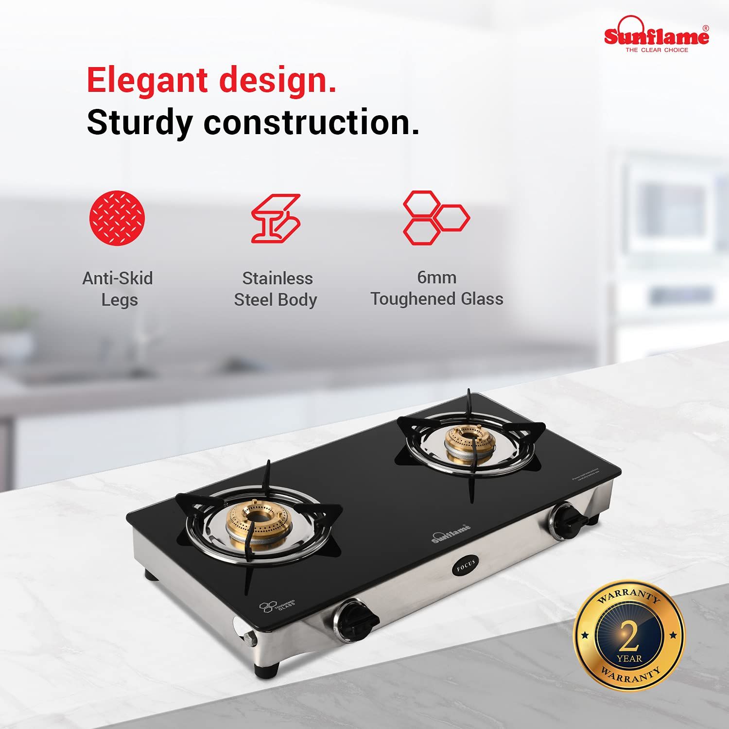 SUNFLAME GT 2B FOCUS SS Stainless Steel Burner LPG Gas Stove, Silver