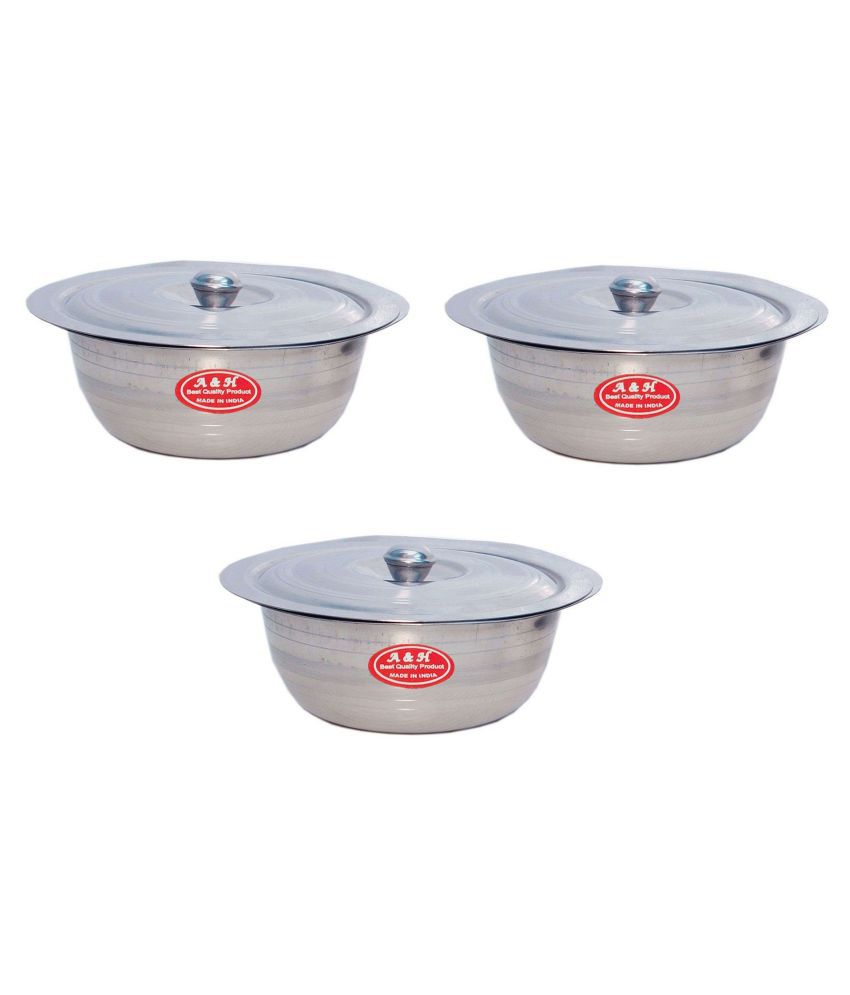 A&H Stainless Steel  Set of 3 Pcs Serving Bowls With Lid ( Dongas ) For Serving Purpose - Silver Color