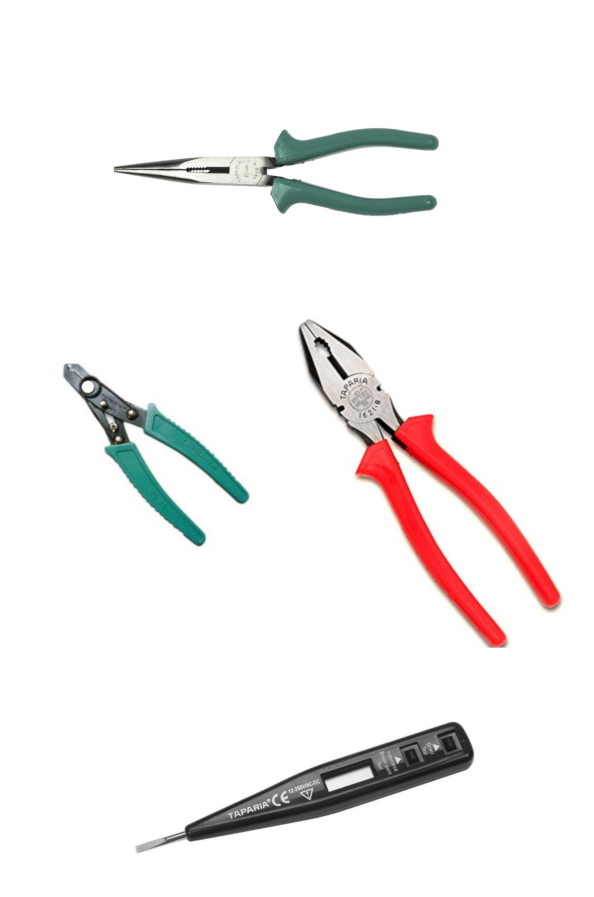 Taparia Set of 4 Hand Tool Combo (Plier 210mm/Long Nose Plier/Wire Stripper/Digital Tester(MDT-81)