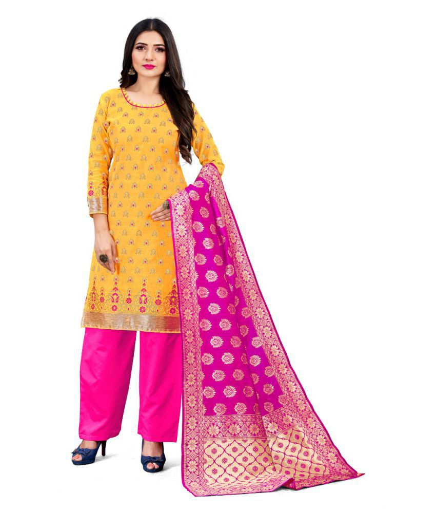     			Panihari Creations Yellow,Pink Cotton Unstitched Dress Material - Single