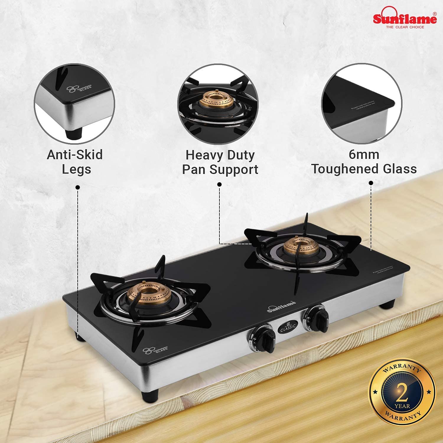 Sunflame GT Classic 2B 2 Brass Burner Gas Stove (Silver) Price in India
