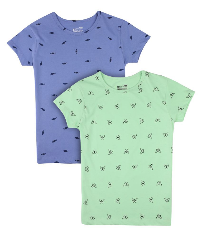     			Proteens Girl Round Neck T-Shirt Allover Print Green and Lavender Pack of 2