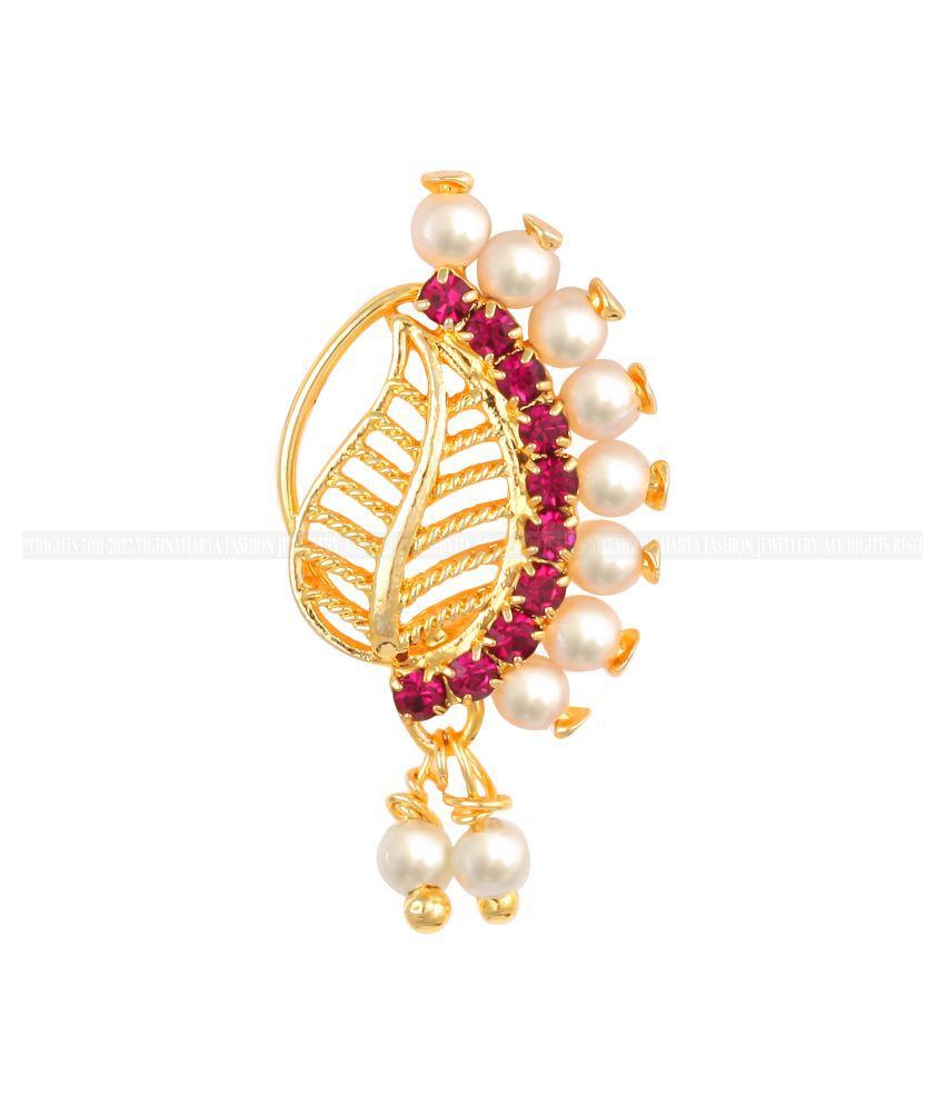     			Vighnaharta Gold Plated Mayur Design with Pearls and AD stone Alloy Maharashtrian banu Nath Nathiya./ Nose Pin for women VFJ1026NTH-Press