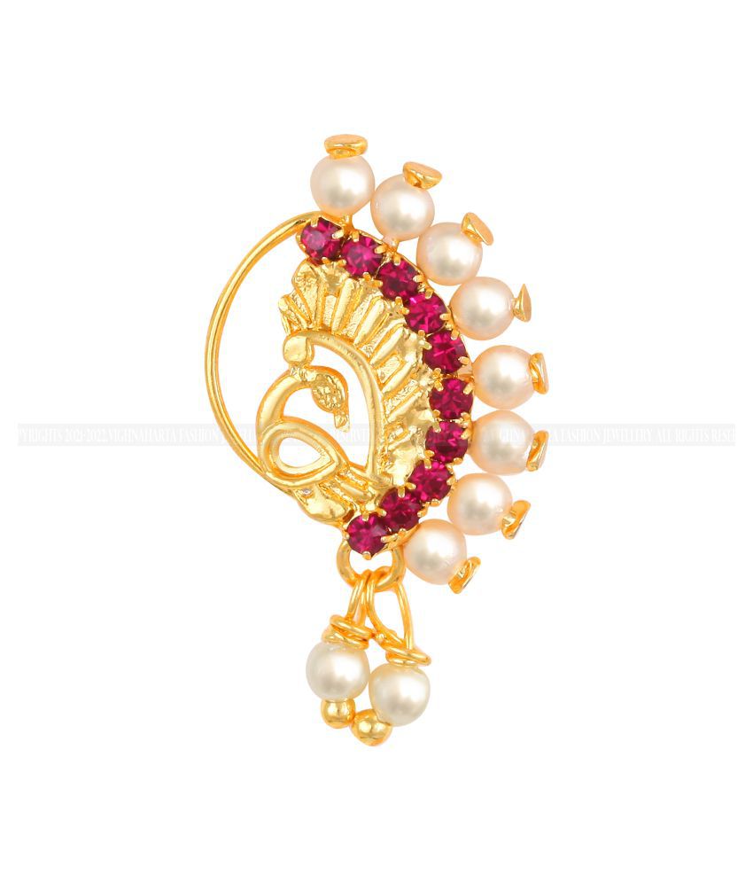     			Vighnaharta Gold Plated Mayur Design Red Stone with Pearls and AD Stone Alloy Maharashtrian Nath Nathiya./ Nose Pin for women VFJ1018NTH-Press