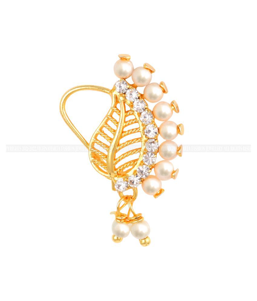 Vighnaharta Gold Plated Mayur design with Pearls AD Stone Alloy Maharashtrian Nath Nathiya./ Nose Pin for women VFJ1019NTH-TAR