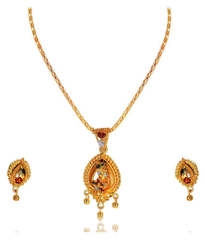     			SHANKH-KRIVA NON ADJUSTABLE GOLD PLATED MEENA KARI PENDANT SET WITH 18"INCH CHAIN AND EYERINGS-100408