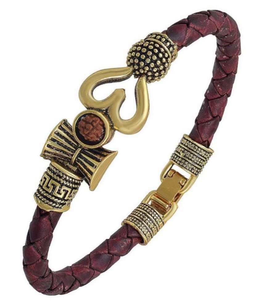     			Yukti Rudraksha OM Trishul Damroo Designer Oxidized Gold Bahubali Leather Kada Bracelet for Men & Women