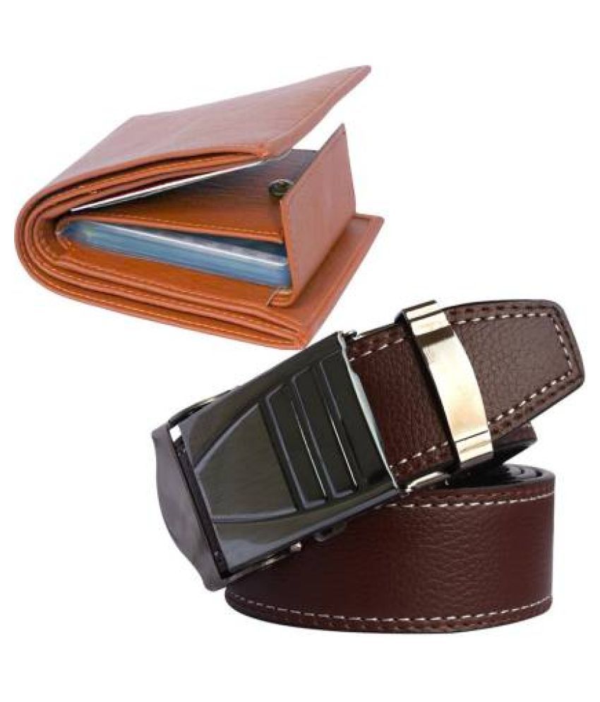 SUNSHOPPING - Brown PU Men's Belts Wallets Set ( Pack of 1 )