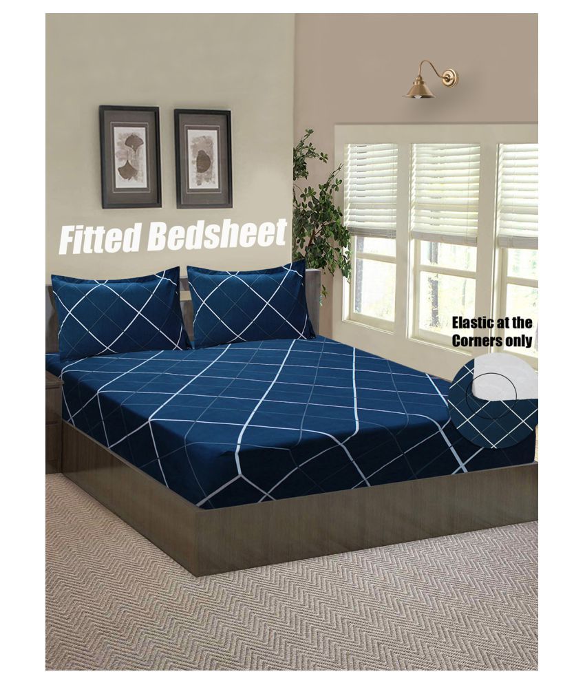     			HOMETALES Microfibre Geometric Fitted 1 Bedsheet with 2 Pillow Covers ( Double Size ) - Navy