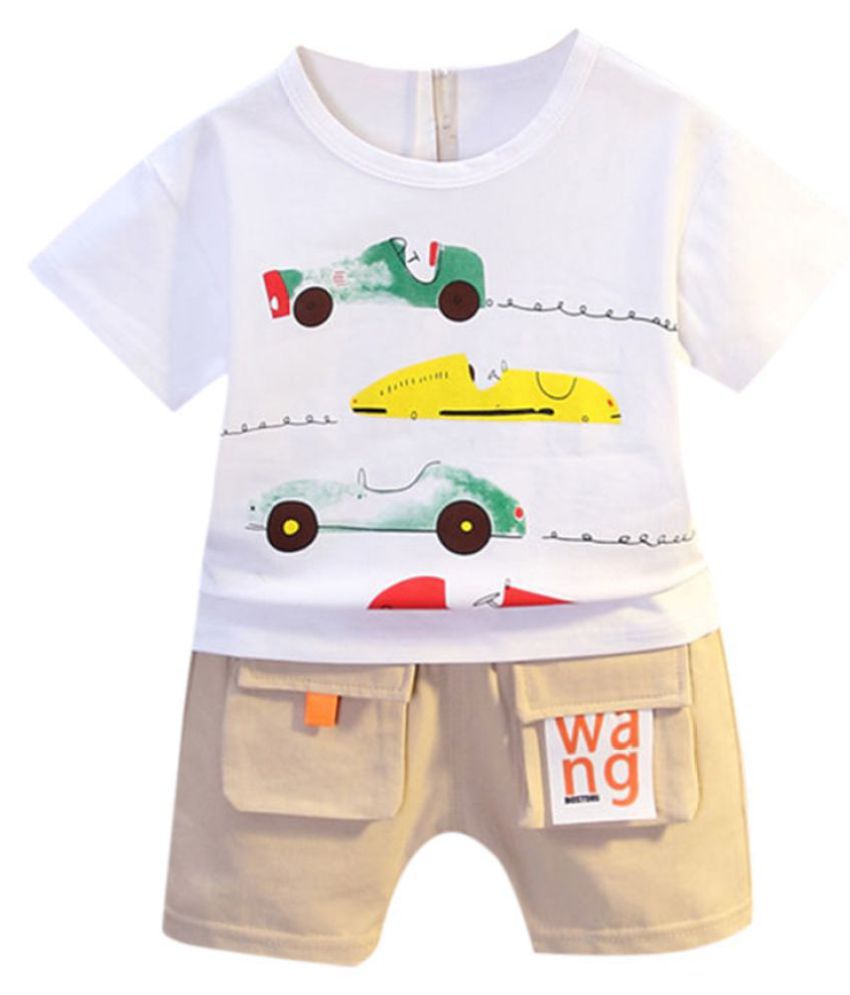 Hopscotch Boys Cotton Polyster Half Sleeves Vehicle Printed T-Shirt and Short Set in White color for Ages 3-4 Years (BD9-3410847)