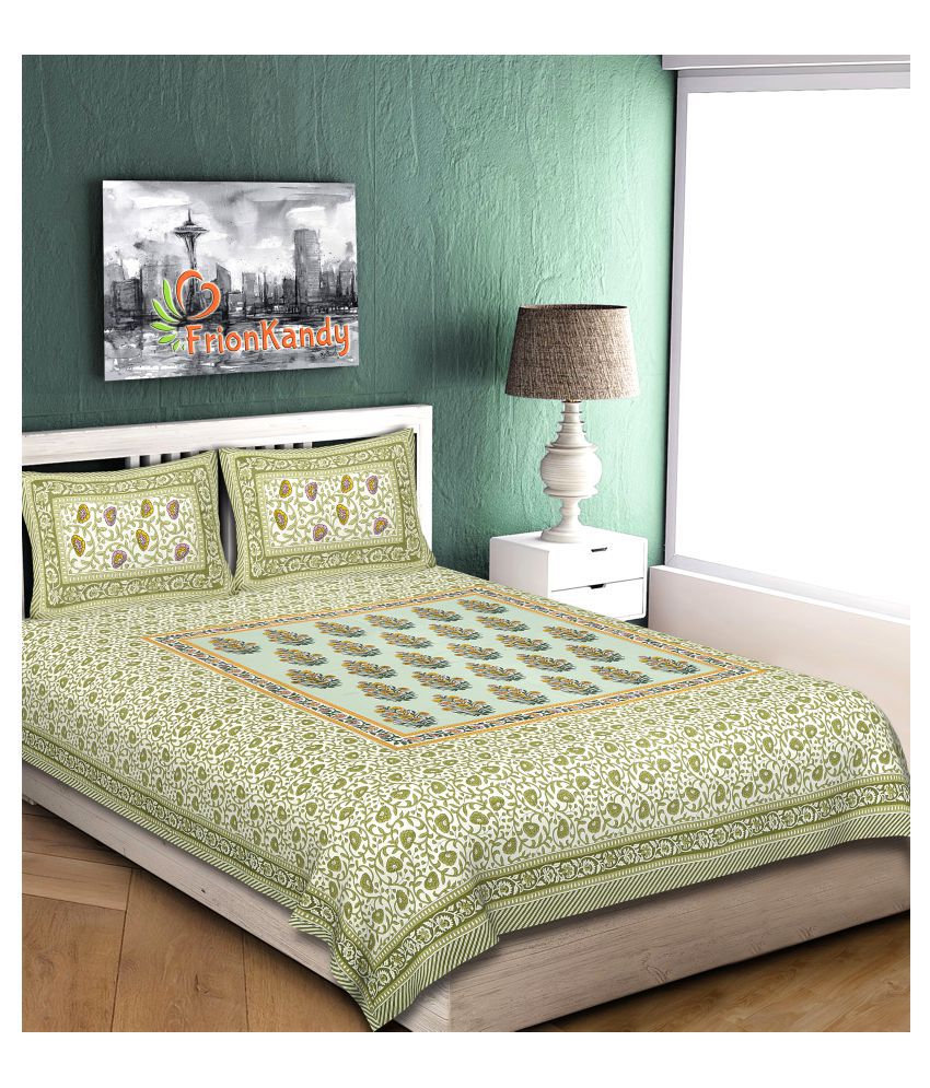     			Frionkandy - Green Cotton Double Bedsheet with 2 Pillow Covers