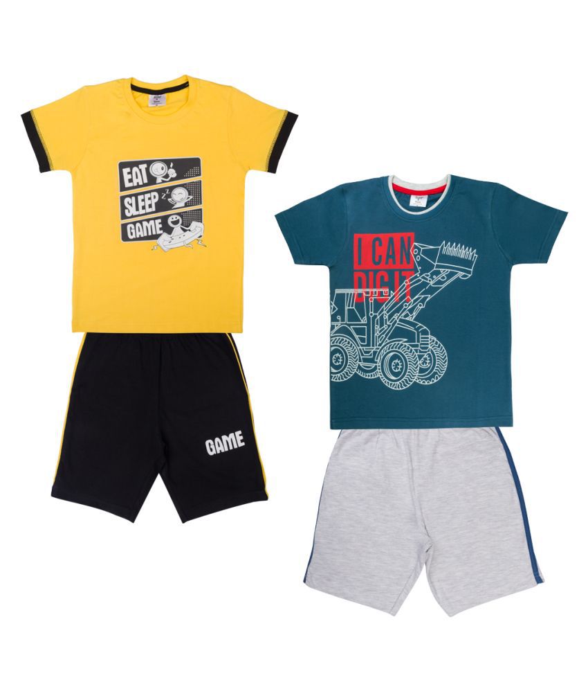     			Todd N Teen Boys Kids Combo Of Cotton Pinted Tshirt, Dailywear, Clothing Set With half pant 2-3 years Yellow