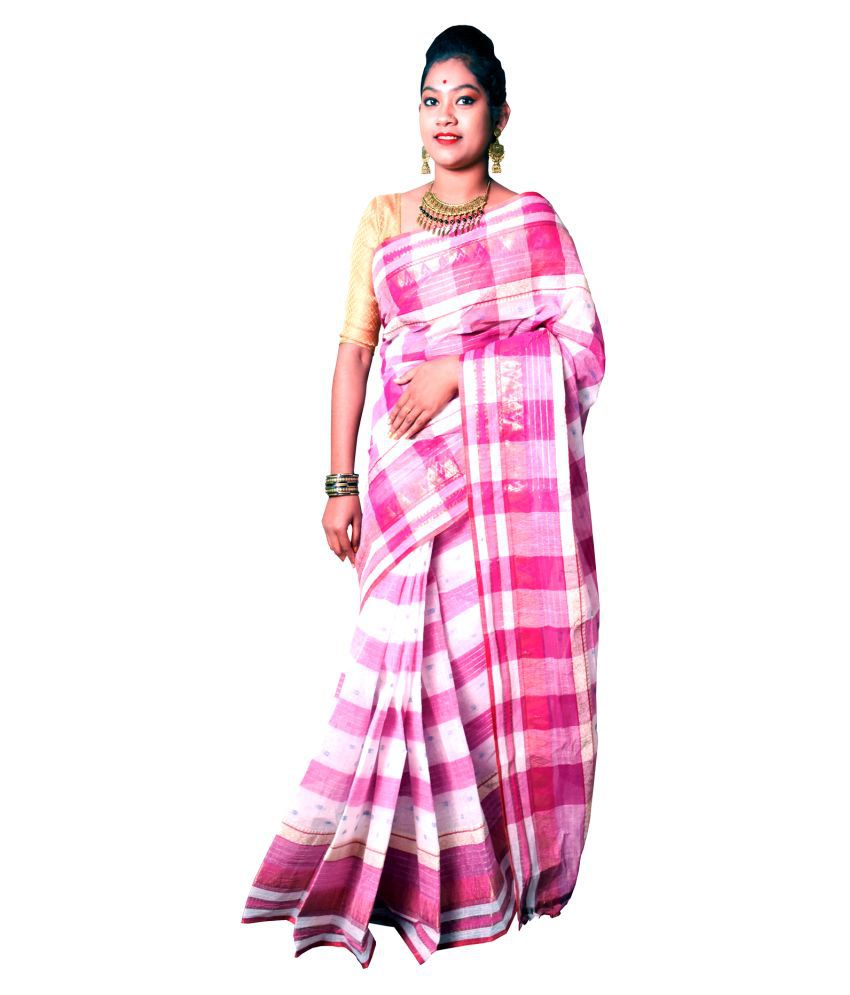     			ROY_ENTERPRISE_CREATION Pink,Red,Purple,White Bengal cotton Saree - Single