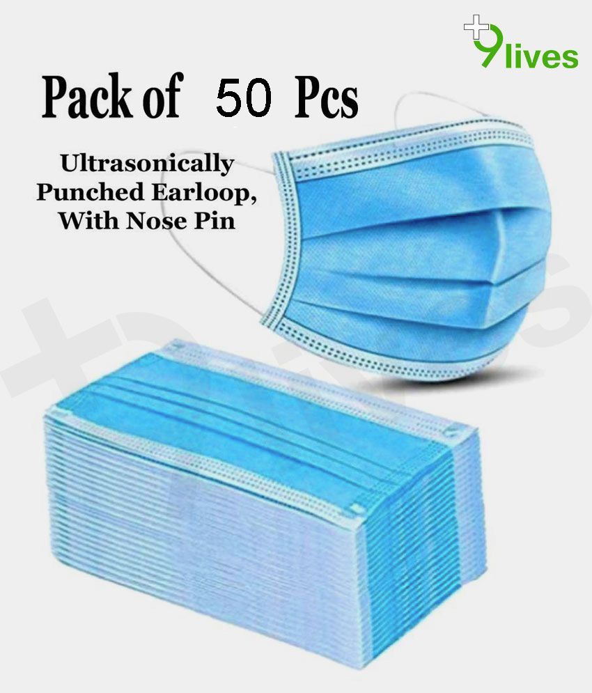     			9Lives 3 Ply Anti Viral, Anti Pollution Surgical Disposable Face Mask With Nose Pin & Meltblown Layer- Pack of 50 (Blue)