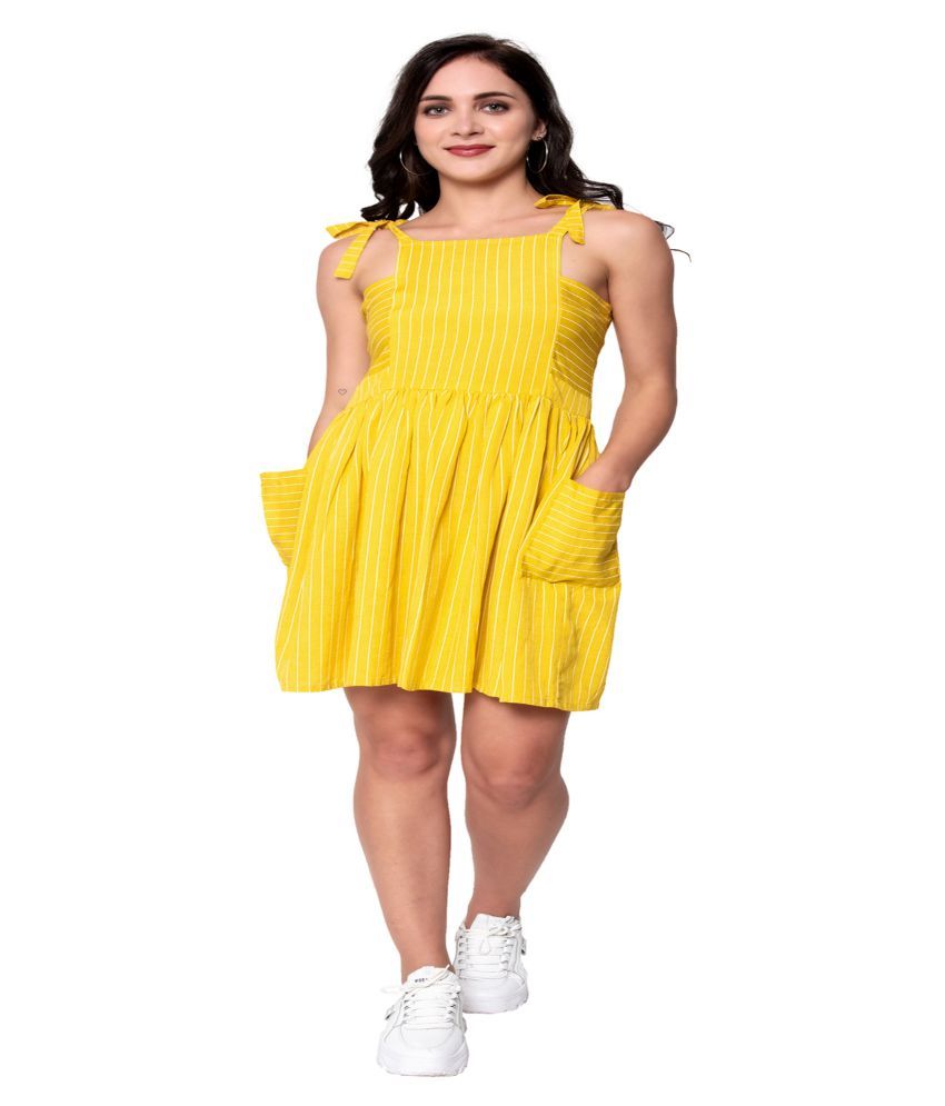     			GOD BLESS Cotton Yellow Fit And Flare Dress - Single