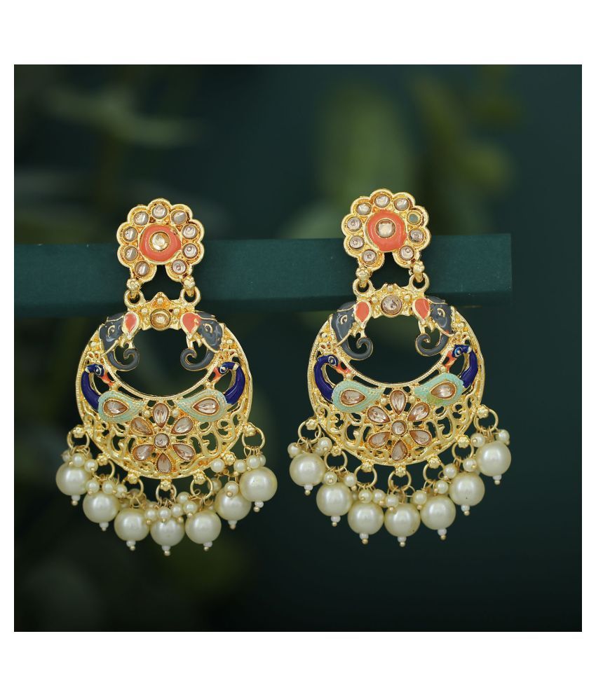     			Sukkhi Traditional Pearl Gold plated Peacock Meenakari Chandbali Earring For Women